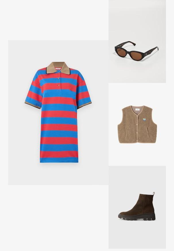 Brūns flīsa žakets ar mīkstu tekstūru, noapaļotu kakla izgriezumu, priekšējo spiedpogu aizdari un sānu kabatām; tam ir maza logo uzšuve.; Marimekko REFERENSSI - Dienas kleita - blue/red; Brūna zamšādas potīšu zābaks ar masīvu melnu gumijas zoli, ar vieglu papēdi un cilpu aizmugurē, kas nodrošina vieglu uzvilkšanu.; Melnas bruņurupuču stila saulesbrilles ar brūniem stikliem, leņķveida dizains un platas kājas ar smalku logo detaļu. Gluda plastmasas tekstūra.