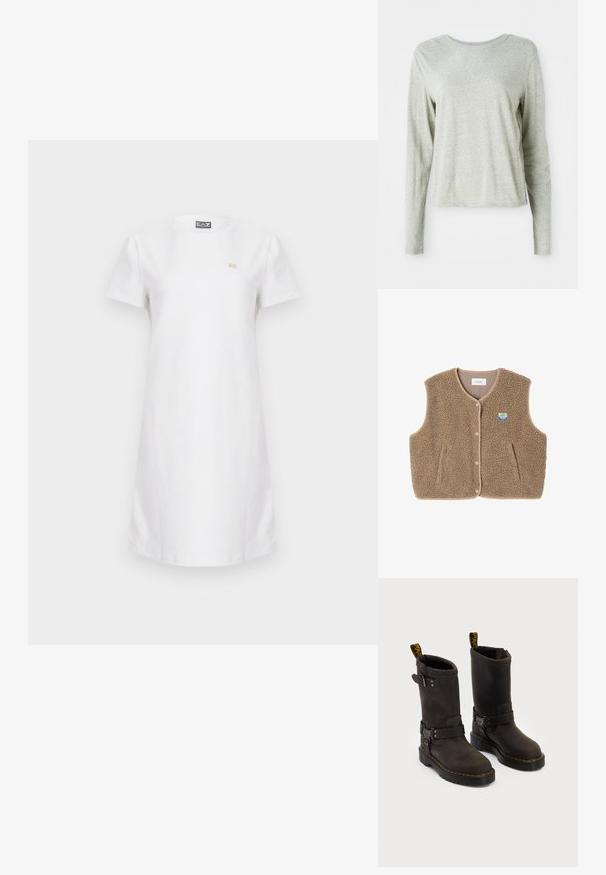 Brun fleeceväst med en mjuk textur, rundad halsringning, knappstängning fram och sidofickor; har en liten logopatch.; Vit klänning med korta ärmar i bomull, med rund halsringning och en liten, guldfärgad logga på bröstet. Enkel, rak skärning.; Ljust grå långärmad skjorta av mjukt tyg, med rund halsringning och avslappnad passform. Söm detaljer längs sidorna.; Mörkbruna läderstövlar med medellång design, gula sömmar, justerbara spännband och dragflikar upptill. Texturerad yta.