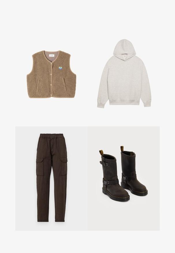 Brauner Fleece-Weste mit weicher Textur, runder Ausschnitt, vorderer Druckverschluss und Seitentaschen; verfügt über ein kleines Logo-Patch.; Hellgrau Hoodie aus weichem Stoff, mit einer vorderen Kängurutasche, verstellbarem Kapuzenhood und gerippten Bündchen und Saum.; Braune Cargo-Hosen mit einem elastischen Bund, zwei großen Fronttaschen und einem schmal zulaufenden Bein. Hergestellt aus leichtem Stoff mit matter Textur.; Dunkelbraune Lederstiefel mit einem Design bis zur Mitte der Wade, gelben Nähten, verstellbaren Schnallenriemen und Zuglaschen oben. Strukturierte Oberfläche.