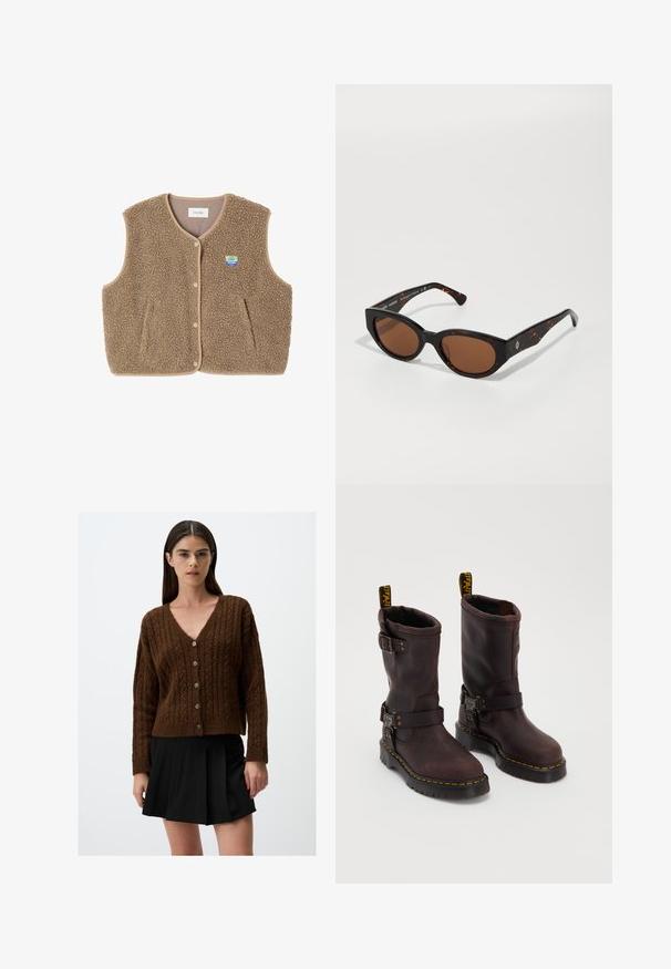 Brązowa kamizelka z polaru o miękkiej fakturze, z okrągłym dekoltem, z przodu na zatrzaski oraz z bocznymi kieszeniami; zawiera małą naszywkę z logo.; Szary sweter o luźnym kroju z ribbowanym wykończeniem, zestawiony z beżowymi spodniami z mankietami i czarnymi butami. Gładka tekstura, minimalistyczny design.; Brązowy kardigan z dzianiny w splot warkoczowy z dekoltem w kształcie litery V i sześcioma guzikami z przodu; prążkowane mankiety i dół. Noszony na czarnej plisowanej spódnicy.; Brązowe skórzane botki o długości do połowy łydki, z paskiem i klamrą, grubą czarną podeszwą oraz żółtymi przeszyciami.; Czarne okulary przeciwsłoneczne w tortoishell z brązowymi soczewkami, kanciasty design i szerokie oprawki z subtelnym logo. Gładka tekstura plastiku.; Brązowa zamszowa torba na ramię o miękkim, luźnym kształcie i pojedynczym długim pasku, z subtelną, gładką fakturą i bez widocznych elementów metalowych.