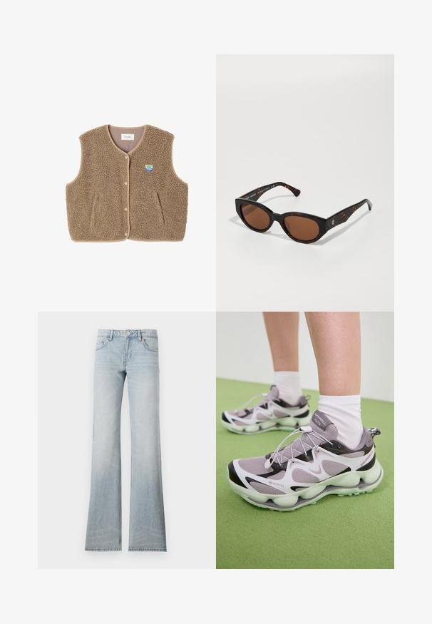 Hnedý fleecový vest s mäkkou štruktúrou, okrúhlym výstrihom, predným zapínaním na cvoky a bočnými vreckami; obsahuje malé logom.; Sivý sveter s voľným strihom a rebrovaným lemom, doplnený béžovými nohavicami s manžetami a čiernymi topánkami. Hladká textúra, minimalistický dizajn.; Svetlomodré riflové nohavice s rozšírením, so vzorom vyblednutia, piatimi vreckami a zapínaním na gombík. Tkanina má hladkú textúru a jemný elastický efekt.; Svetlofialové športové topánky GORE-TEX s textúrovaným sieťovým zvrškom, čiernymi akcentmi a tvarovanou podrážkou. Obsahujú elastické šnúrky a polstrovaný golier.; Čierne korytnačkovité slnečné okuliare s hnedými sklami, s ostrým dizajnom a širokými ramenami, obsahujúcimi jemný detail loga. Hladký plastový povrch.; Zelená semišová taška s mäkkou textúrou, uvoľneným dizajnom a prešitými švami. Zahrnuje jeden popruh a otvorenú hlavnú priehradku.