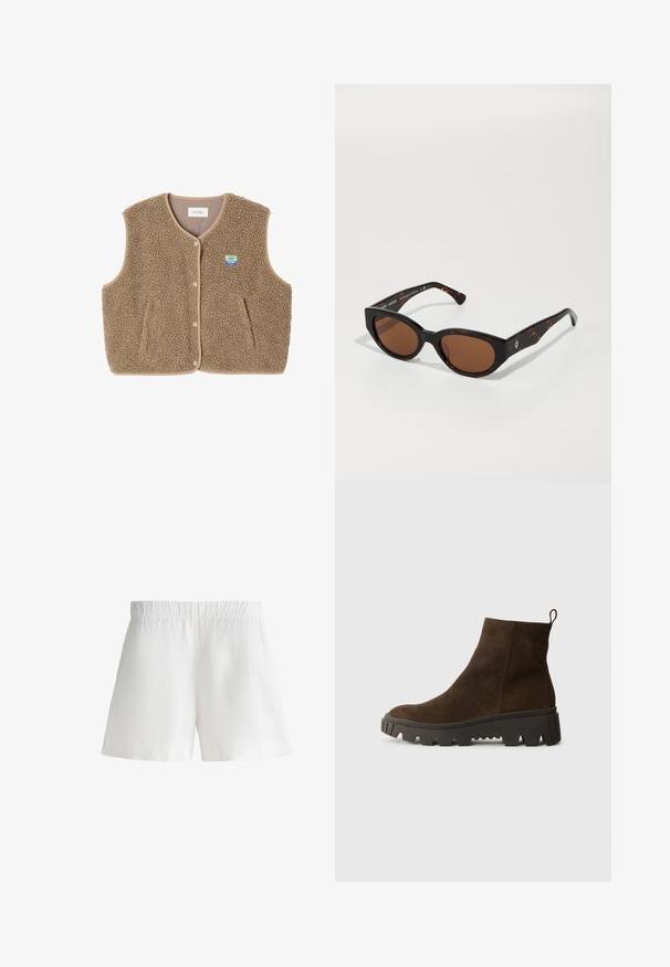 Brown fleece vest with a soft texture, rounded neckline, front snap closure, and side pockets; features a small logo patch.; Gray sweater with a loose fit and ribbed hem, paired with beige cuffed trousers and black shoes. Smooth texture, minimalistic design.; White shorts made of lightweight fabric, featuring an elastic waistband and a relaxed fit. Smooth texture with no additional patterns or accents.; Brown suede ankle boot with a chunky black rubber sole, featuring a slight heel and a pull tab at the back for easy wear.; Black tortoiseshell sunglasses with brown lenses, angular design, and wide arms featuring a subtle logo detail. Smooth plastic texture.