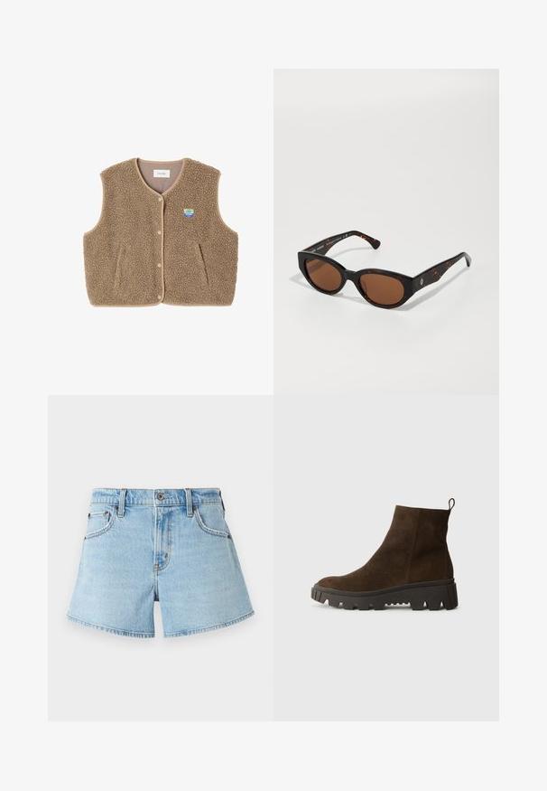 Pruun fliistekampsun pehmea tekstuuriga, ümar kaelus, eesnööbiga sulgemine ja küljetaskud; sisaldab väikest logo silti.; Hallide hallikas sviiter, millel on lahtine lõige ja soonikserv, on kombineeritud beežide pitsitud pükste ja mustade kingadega. Sujuv tekstuur, minimaliseeritud disain.; Heledad sinine teksashorts klassikalise viie tasku disainiga, õmblustega aktsentide ja toore servaga. Omab metallist nööpi ja tõmblukku.; Pruun nahast pahkluu saabas, millel on tugev must kummitald, kerge konts ja tagumine tõmbetöödeldud osa, mis muudab selga panemise lihtsamaks.; Mustmustritsiga pruunide läätsedega mustad oresti päikeseprillid, nurkadega disain ja laiad käised, millel on peen logo detail. Sile plastist tekstuur.; Roheline sametist kott pehme tekstuuri, lõdva disaini ja õmmeldud õmblustega. Omab ühte sangast ja avatud peamist ruumi.