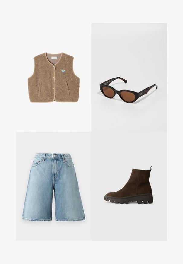 Gilet in felpa marrone con una texture morbida, scollo rotondo, chiusura frontale con bottoni a pressione e tasche laterali; presenta un piccolo logo ricamato.; Maglione grigio con una vestibilità morbida e orlo a costine, abbinato a pantaloni beige con risvolto e scarpe nere. Tessuto liscio, design minimalista.; Shorts in denim azzurro chiaro con vestibilità ampia, vita media, cinque tasche e dettagli di cucitura a contrasto. Il tessuto ha una consistenza morbida.; Stivaletto in camoscio marrone con suola in gomma nera chunky, caratterizzato da un leggero tacco e una linguetta sul retro per una facile calzata.; Occhiali da sole tartarugati neri con lenti marroni, design angolare e aste larghe con un discreto logo. Texture in plastica liscia.