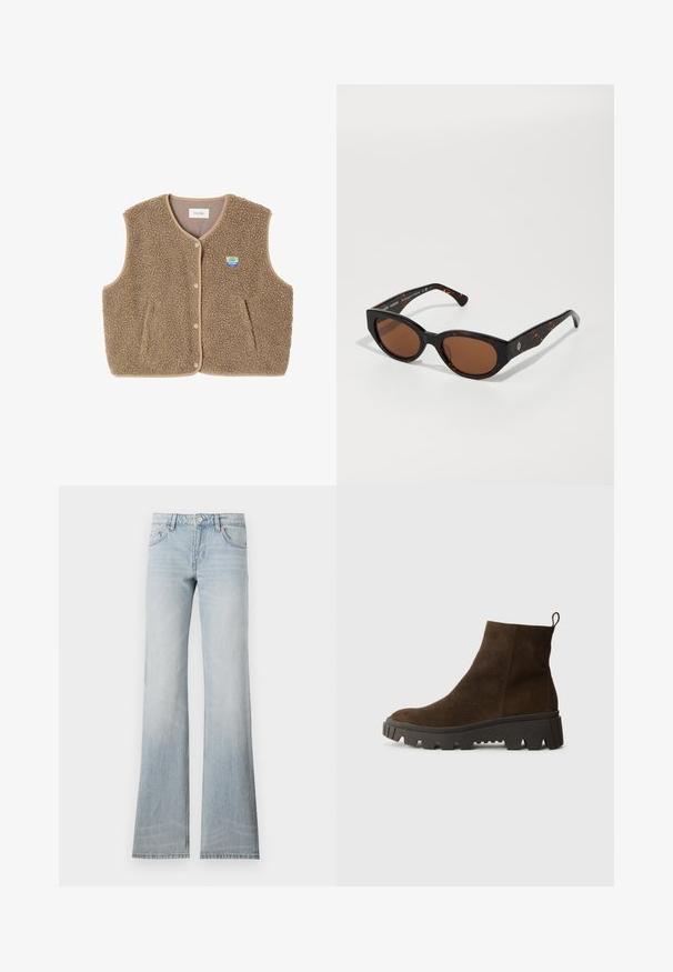 Gilet in felpa marrone con una texture morbida, scollo rotondo, chiusura frontale con bottoni a pressione e tasche laterali; presenta un piccolo logo ricamato.; Maglione grigio con una vestibilità morbida e orlo a costine, abbinato a pantaloni beige con risvolto e scarpe nere. Tessuto liscio, design minimalista.; Jeans flared in denim azzurro chiaro con una finitura sbiadita, cinque tasche e chiusura con bottone. Il tessuto ha una texture liscia e una leggera elasticità.; Stivaletto in camoscio marrone con suola in gomma nera chunky, caratterizzato da un leggero tacco e una linguetta sul retro per una facile calzata.; Occhiali da sole tartarugati neri con lenti marroni, design angolare e aste larghe con un discreto logo. Texture in plastica liscia.