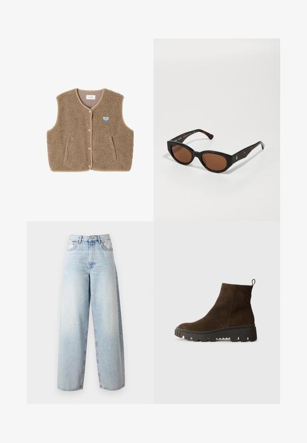 Brązowa kamizelka z polaru o miękkiej fakturze, z okrągłym dekoltem, z przodu na zatrzaski oraz z bocznymi kieszeniami; zawiera małą naszywkę z logo.; Szary sweter o luźnym kroju z ribbowanym wykończeniem, zestawiony z beżowymi spodniami z mankietami i czarnymi butami. Gładka tekstura, minimalistyczny design.; Samsøe Samsøe HARPER jasnoniebieski; Brązowy zamszowy botek za kostkę z masywną czarną gumową podeszwą, posiadający lekki obcas i pętelkę z tyłu ułatwiającą zakładanie.; Czarne okulary przeciwsłoneczne w tortoishell z brązowymi soczewkami, kanciasty design i szerokie oprawki z subtelnym logo. Gładka tekstura plastiku.; Zielona zamszowa torba typu tote o miękkiej fakturze, luźnym fasonie i przeszywanych szwach. Posiada jeden uchwyt oraz otwartą główną komorę.