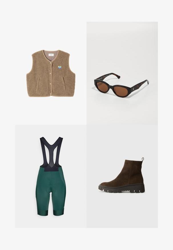 Brown fleece vest with a soft texture, rounded neckline, front snap closure, and side pockets; features a small logo patch.; Gray sweater with a loose fit and ribbed hem, paired with beige cuffed trousers and black shoes. Smooth texture, minimalistic design.; Green cycling bib shorts with mesh black straps, padded seat area, and an elastic band at the bottom for a snug fit.; Brown suede ankle boot with a chunky black rubber sole, featuring a slight heel and a pull tab at the back for easy wear.; Black tortoiseshell sunglasses with brown lenses, angular design, and wide arms featuring a subtle logo detail. Smooth plastic texture.