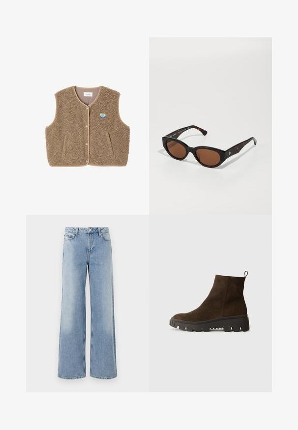 Ruskea fleece-liivi, jossa on pehmeä rakenne, pyöreä kaula-aukko, edessä nappisuljenta ja sivutaskut; sisältää pienen logopatchin.; Harmaa neule, jossa on löysä istuvuus ja ribattu helma, yhdistettynä vaaleanbeigeihin cuff-mallisiin housuihin ja mustiin kenkiin. Pehmeä rakenne, minimalistinen muotoilu.; Vaaleansiniset leveät farkut, joissa on haalistunut pesu, viisi taskua, nappikiinnitys ja suorat helmavalinnat. Valmistettu pehmeästä denimistä.; Ruskoharmaa nahkasaapas nilkkoihin, jossa on paksu musta kumipohja, hieno korko ja vetotappi takana helppoa pukemista varten.; Mustikkatäpläiset aurinkolasit ruskeilla linsseillä, kulmikas muotoilu ja leveät sankat, joissa on hillitty logodetus. Sileä muovipinta.; Vihreä mokkanahkainen olkalaukku, jossa on pehmeä rakenne, rento muotoilu ja ommellut saumat. Varustettu yhdellä kahvalla ja avoimella pääosastolla.