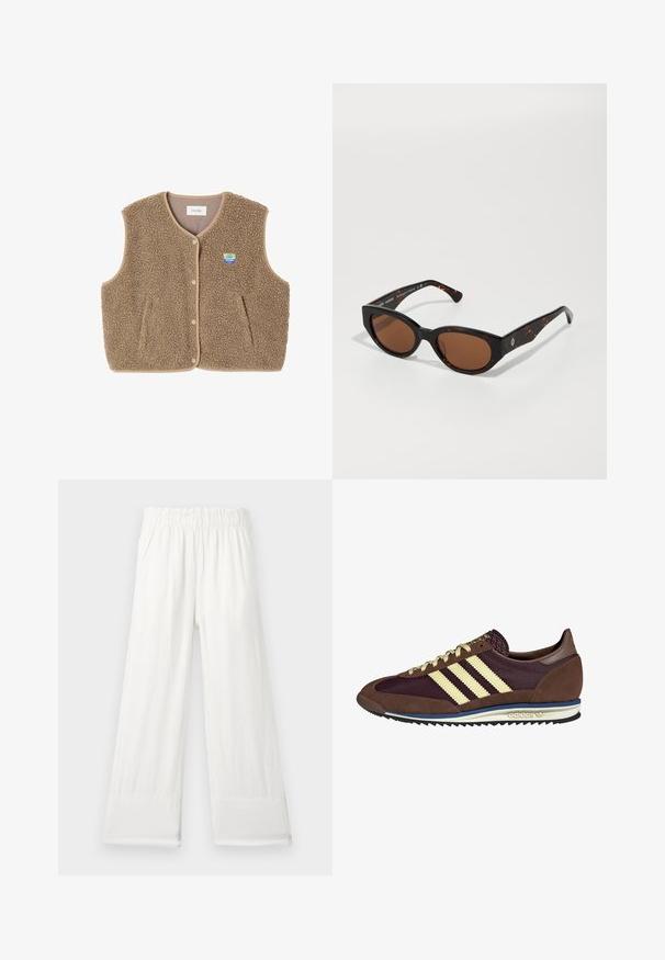 Brązowa kamizelka z polaru o miękkiej fakturze, z okrągłym dekoltem, z przodu na zatrzaski oraz z bocznymi kieszeniami; zawiera małą naszywkę z logo.; Szary sweter o luźnym kroju z ribbowanym wykończeniem, zestawiony z beżowymi spodniami z mankietami i czarnymi butami. Gładka tekstura, minimalistyczny design.; Białe, lekkie spodnie o szerokim kroju z elastycznym pasem. Gładka tkanina, bez widocznych wzorów. Wykończone na kostkach.; Brązowe i burgundowe sneakersy wykonane z zamszu i siateczkowych materiałów, z trzema kremowymi paskami, teksturowanym materiałem na języku i gumową podeszwą.; Czarne okulary przeciwsłoneczne w tortoishell z brązowymi soczewkami, kanciasty design i szerokie oprawki z subtelnym logo. Gładka tekstura plastiku.; Woven beżowa torba o siatkowej konstrukcji, z dwoma plecionymi uchwytami i zapięciem na sznurek, ozdobiona ciemnymi koralikami.