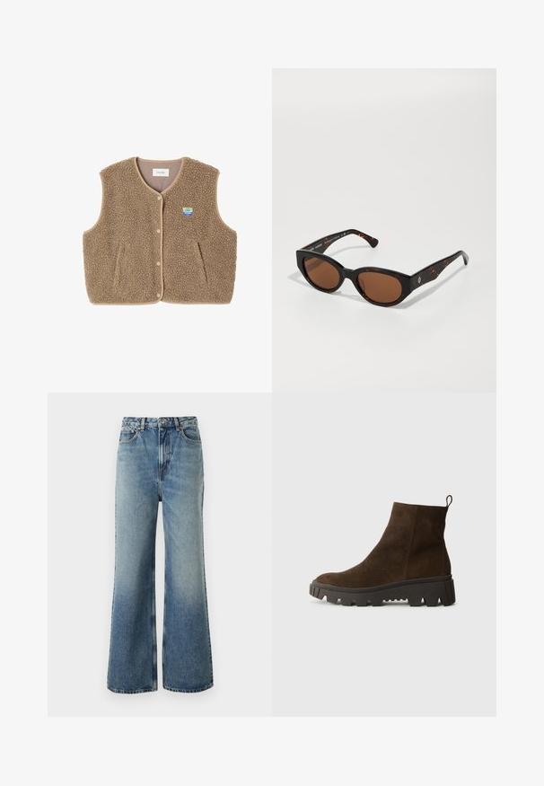 Ruskea fleece-liivi, jossa on pehmeä rakenne, pyöreä kaula-aukko, edessä nappisuljenta ja sivutaskut; sisältää pienen logopatchin.; Harmaa neule, jossa on löysä istuvuus ja ribattu helma, yhdistettynä vaaleanbeigeihin cuff-mallisiin housuihin ja mustiin kenkiin. Pehmeä rakenne, minimalistinen muotoilu.; Vaaleansininen farkkuhame, jossa on korkea vyötärö, leveälahkeinen leikkaus, hieman haalistumista ja kontrastivärisiä ompeluja; sisältää etutaskut ja nappisuljin.; Ruskoharmaa nahkasaapas nilkkoihin, jossa on paksu musta kumipohja, hieno korko ja vetotappi takana helppoa pukemista varten.; Mustikkatäpläiset aurinkolasit ruskeilla linsseillä, kulmikas muotoilu ja leveät sankat, joissa on hillitty logodetus. Sileä muovipinta.