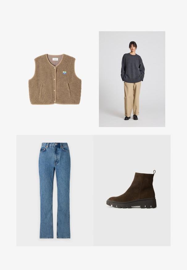 Rjav flis brezrokavnik z mehko teksturo, okroglim ovratnikom, sprednjim zapiranjem na pritiskače in stranskimi žepe; ima majhen logotip.; Siv pulover z ohlapnim krojem in rebrastim robom, v kombinaciji s svetlo bež hlačami s cuffs in črnimi čevlji. Gladka tekstura, minimalističen design.; Svetlo modri kavbojke z visokim pasom, ravnimi nogami in klasičnim pet-pocket dizajnom. Imajo kovinske gumbe in zakovice.; Rjavi zamšasti gležnjarji z debelim črnim gumijastim podplatom, ki imajo rahlo peto in zanka na hrbtni strani za lažno obuvanje.