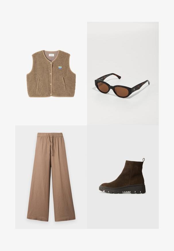 Rudas pūkų liemenė su minkšta tekstūra, suapvalintu apykakle, priekiniais spaudžiamaisiais užtrauktukais ir šoninėmis kišenėmis; turi mažą logotipo etikėtę.; Pilkas megztinis su laisva silueto forma ir raukšlėta apdaila, derinamas su smėlio spalvos kelnių su užvyniotais kraštais ir juodais batais. Lygus tekstūras, minimalistiškas dizainas.; Plati kojinės kelnių šviesiai rudos spalvos audinyje, su elastingu juosmeniu ir raišteliu, turinčios lygią, tekstūrinę apdailą.; Rudos zomšiniai auliniai batai su masyvi juoda guminėmis padais, turintys šiek tiek pakylą ir kilpą gale, kad būtų lengva užsidėti.; Juodos tortoiseshell tipo saulės akinių su rudu stiklu, kampuota forma ir platesnėmis rankenomis, su subtiliu logotipo akcentu. Lygus plastiko paviršius.; Žalia suedinė rankinė su minkšta tekstūra, laisvu dizainu ir siuvinėtomis siūlėmis. Yra viena rankena ir atvira pagrindinė erdvė.