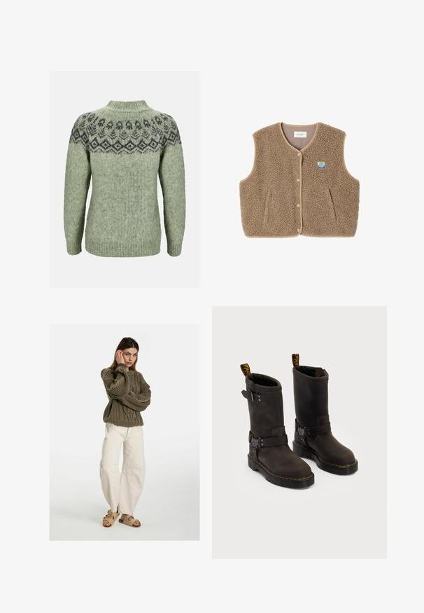 Gilet in felpa marrone con una texture morbida, scollo rotondo, chiusura frontale con bottoni a pressione e tasche laterali; presenta un piccolo logo ricamato.; Maglione verde a maglia con colletto alto, caratterizzato da un giogo a fantasia scura e polsini a coste, realizzato in una morbida miscela di lana testurizzata.; Free People GOOD LUCK MID RISE BARREL - Jeans baggy - beige; Stivali in pelle marrone scuro con design a metà polpaccio, cuciture gialle, cinturini con fibbia regolabile e maniglie nella parte superiore. Finitura texture.