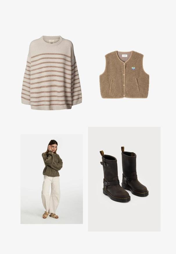 Brun fleece vest med en blød tekstur, rund halsudskæring, frontsnaplukning og sidelommer; har et lille logo patch.; Lys beige sweater med brede, vandrette brune striber. Har en rund halsudskæring og sænkede skuldre. Blød texture med ribbet kant.; Lys grå langærmet skjorte lavet af blødt stof, med rund halsudskæring og en afslappet pasform. Syninger langs siderne.; Free People GOOD LUCK MID RISE BARREL - Jeans Relaxed Fit - beige; Mørkebrune læderstøvler med en midt-lægre design, gule syninger, justerbare spænder og trækflapper på toppen. Struktureret finish.