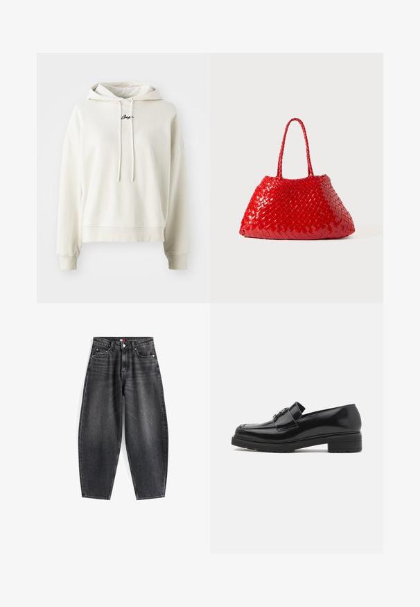 Rudas pūkų liemenė su minkšta tekstūra, suapvalintu apykakle, priekiniais spaudžiamaisiais užtrauktukais ir šoninėmis kišenėmis; turi mažą logotipo etikėtę.; Kremo spalvos džemperis, pagamintas iš medvilnės, laisvo kirpimo, su raišteliu reguliuojama kapuce, iškiliais rankogaliais ir apatine dalimi, siuvinėtas logotipas ant krūtinės.; Aukštos liemens juodi džinsai su laisvu siluetu, kurie turi penkis kišenes, diržo kilpas ir prekės ženklo etiketę ant juosmens.; Juodas poliesterinis odinis loaferis su žemu blokiniu kulnu, siuvinėtu pirštu ir metaline sagtimi viršuje, parodytas šoniniame profilyje ant baltos fono.; Raudona pintinė rankinė su blizgiu paviršiumi, turinti pintas rankenas. Išskirtinė trikampė forma ir tekstūruotas paviršius su tankiu raštu.