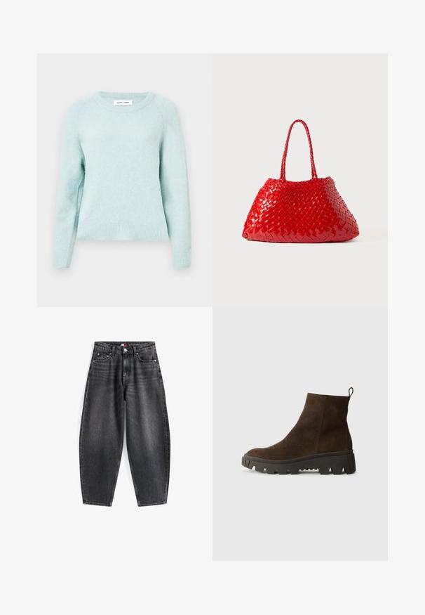 Brązowa kamizelka z polaru o miękkiej fakturze, z okrągłym dekoltem, z przodu na zatrzaski oraz z bocznymi kieszeniami; zawiera małą naszywkę z logo.; Miętowo-zielony sweter w stylu pulowera, wykonany z miękkiej, teksturowanej tkaniny. Posiada okrągły dekolt i prążkowane mankiety. Klasyczny krój z rękawami raglanowymi.; Czarny dżinsowy jeans o wysokim stanie z luźnym krojem, z pięcioma kieszeniami, szlufkami na pasek oraz metką z logo na pasek.; Brązowy zamszowy botek za kostkę z masywną czarną gumową podeszwą, posiadający lekki obcas i pętelkę z tyłu ułatwiającą zakładanie.; Czerwona pleciona torba o błyszczącej powierzchni, z plecionymi uchwytami. Charakterystyczny trójkątny kształt i teksturowana powierzchnia z ciasnym wzorem.