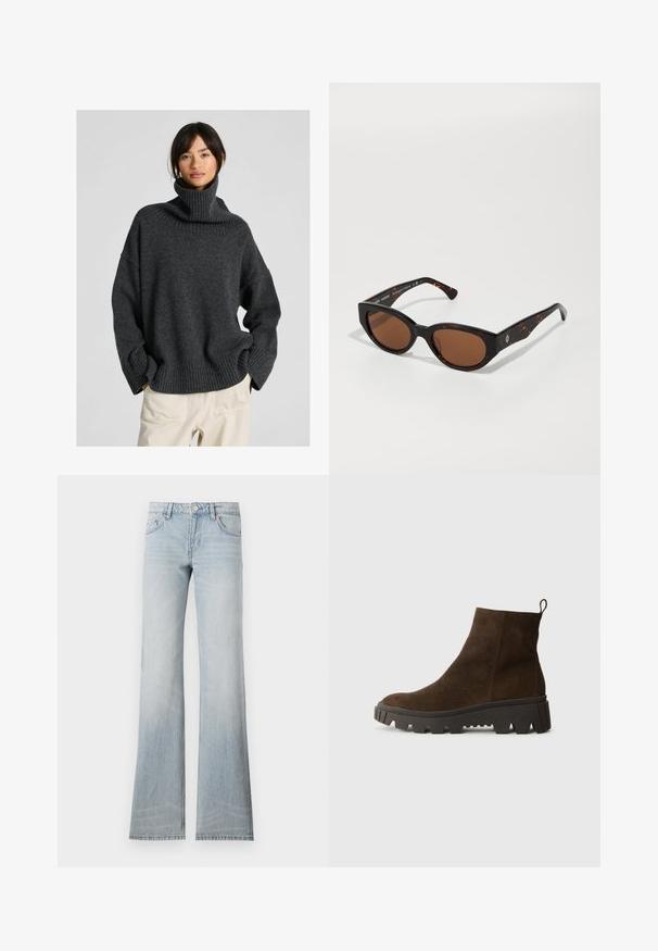 Brown fleece vest with a soft texture, rounded neckline, front snap closure, and side pockets; features a small logo patch.; Oversized dark gray turtleneck sweater with a ribbed neckline and cuffs, made of a soft knit material, featuring dropped shoulders and a relaxed fit.; Light blue denim flared jeans with a faded finish, five pockets, and a button closure. The fabric has a smooth texture and slight stretch.; Brown suede ankle boot with a chunky black rubber sole, featuring a slight heel and a pull tab at the back for easy wear.; Black tortoiseshell sunglasses with brown lenses, angular design, and wide arms featuring a subtle logo detail. Smooth plastic texture.