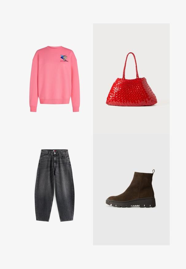 Brown fleece vest with a soft texture, rounded neckline, front snap closure, and side pockets; features a small logo patch.; Pink sweatshirt made of soft cotton blend, featuring a round neckline, drop shoulders, ribbed cuffs, and an embroidered graphic on the chest.; High-waisted black denim jeans with a relaxed fit, featuring five pockets, belt loops, and a branded waistband label.; Brown suede ankle boot with a chunky black rubber sole, featuring a slight heel and a pull tab at the back for easy wear.; Red woven handbag with glossy finish, featuring braided handles. Distinctive triangular shape and textured surface with a tight pattern.