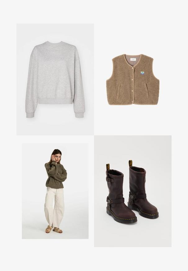 Brun fleece vest med en blød tekstur, rund halsudskæring, frontsnaplukning og sidelommer; har et lille logo patch.; Lys grå sweatshirt med klassisk rund halsudskæring, sænkede skuldre og ribbede manchetter og kant. Blød tekstur og afslappet pasform.; Free People GOOD LUCK MID RISE BARREL - Jeans Relaxed Fit - beige; Brune læderstøvler med design der går til midten af læggen, med en rem og spænde, en tyk sort sål og gule stikninger.