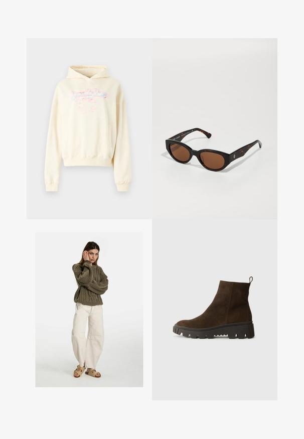Brūns flīsa žakets ar mīkstu tekstūru, noapaļotu kakla izgriezumu, priekšējo spiedpogu aizdari un sānu kabatām; tam ir maza logo uzšuve.; Krēmkrāsas kapucīte ar brīvu piegriezumu, kas pieejama ar priekšējo kabatu un grafisku dizainu rozā un zilā krāsā uz krūšu daļas.; Free People GOOD LUCK MID RISE BARREL - Brīva piegriezuma džinsi - beige; Brūna zamšādas potīšu zābaks ar masīvu melnu gumijas zoli, ar vieglu papēdi un cilpu aizmugurē, kas nodrošina vieglu uzvilkšanu.; Melnas bruņurupuču stila saulesbrilles ar brūniem stikliem, leņķveida dizains un platas kājas ar smalku logo detaļu. Gluda plastmasas tekstūra.