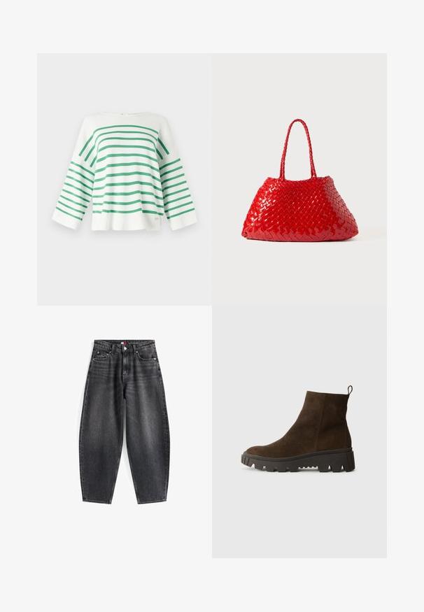 Brązowa kamizelka z polaru o miękkiej fakturze, z okrągłym dekoltem, z przodu na zatrzaski oraz z bocznymi kieszeniami; zawiera małą naszywkę z logo.; Biały sweter dziany z zielonymi poziomymi paskami, luźny krój, szerokie rękawy i okrągły dekolt. Posiada małe logo na dole.; Czarny dżinsowy jeans o wysokim stanie z luźnym krojem, z pięcioma kieszeniami, szlufkami na pasek oraz metką z logo na pasek.; Brązowy zamszowy botek za kostkę z masywną czarną gumową podeszwą, posiadający lekki obcas i pętelkę z tyłu ułatwiającą zakładanie.; Czerwona pleciona torba o błyszczącej powierzchni, z plecionymi uchwytami. Charakterystyczny trójkątny kształt i teksturowana powierzchnia z ciasnym wzorem.