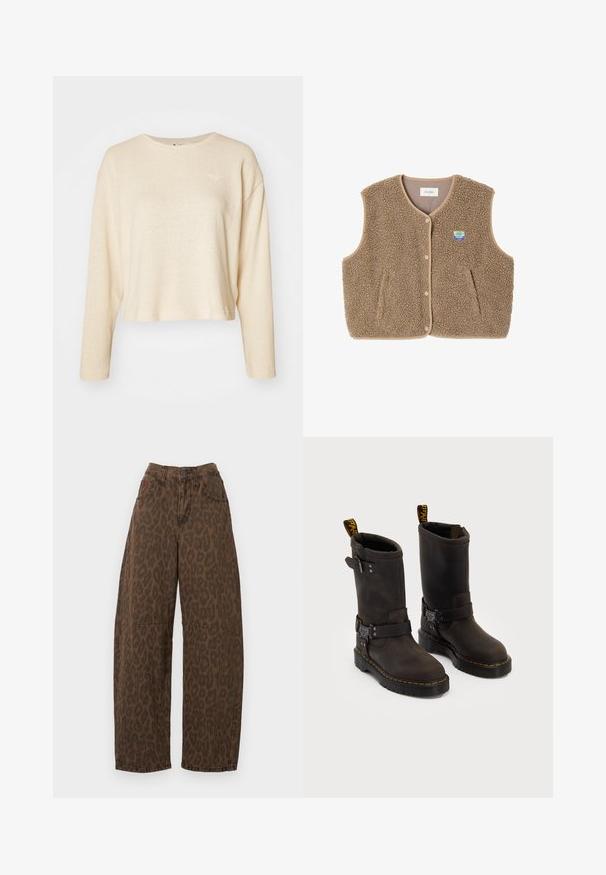 Brauner Fleece-Weste mit weicher Textur, runder Ausschnitt, vorderer Druckverschluss und Seitentaschen; verfügt über ein kleines Logo-Patch.; Cremfarbener, kurz geschnittener Pullover mit langen Ärmeln, aus strukturiertem Stoff. Verfügt über ein kleines, dezentes Logo auf der Brust und einen Rundhalsausschnitt.; Helles graues Langarmshirt aus weichem Stoff, mit einem runden Halsausschnitt und lockerem Schnitt. Nahtdetails an den Seiten.; Braune Leoprint-Baumwolljeans mit weitem Bein, hohem Bund, Knopfverschluss und zwei Fronttaschen. Hergestellt aus Denim-Stoff mit glatter Textur.; Dunkelbraune Lederstiefel mit einem Design bis zur Mitte der Wade, gelben Nähten, verstellbaren Schnallenriemen und Zuglaschen oben. Strukturierte Oberfläche.