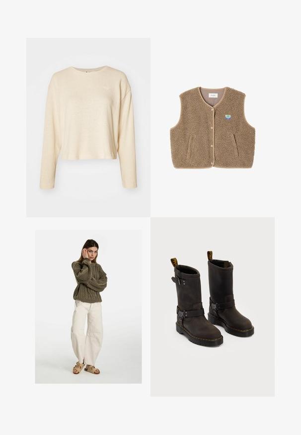 Pruun fliistekampsun pehmea tekstuuriga, ümar kaelus, eesnööbiga sulgemine ja küljetaskud; sisaldab väikest logo silti.; Kreemivärvi lühike sviiter, millel on pikad varrukad ja tekstureeritud kangas. Ees on väike ja diskreetne logo ning ümardatud kaelus.; Free People GOOD LUCK MID RISE BARREL - Avar lõikega teksad - beige; Tumedate pruunid nahast saapad keskmise kannaga, kollased õmblused, reguleeritavad klambrid ja tõmblukud ülaosas. Marmoreeritud viimistlus.