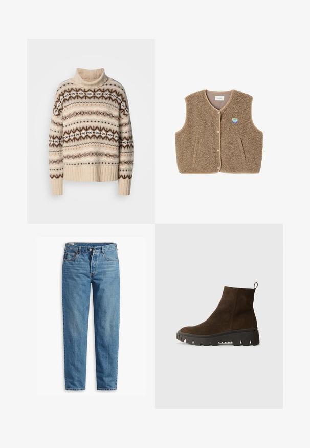 Pruun fliistekampsun pehmea tekstuuriga, ümar kaelus, eesnööbiga sulgemine ja küljetaskud; sisaldab väikest logo silti.; Bež kaelus-swetar ribidega äärega. Omab geomeetrilist mustrit pruunides ja valgetes toonides, tõstes esile erinevaid tekstuure ja sooje toone.; Sinine denimist valmistatud sirge lõikega teksad, millel on lukuga kokku tõmbamine, kaks esimest taskut ja peene värvimisega niiskus kogu kangast.; Pruun nahast pahkluu saabas, millel on tugev must kummitald, kerge konts ja tagumine tõmbetöödeldud osa, mis muudab selga panemise lihtsamaks.