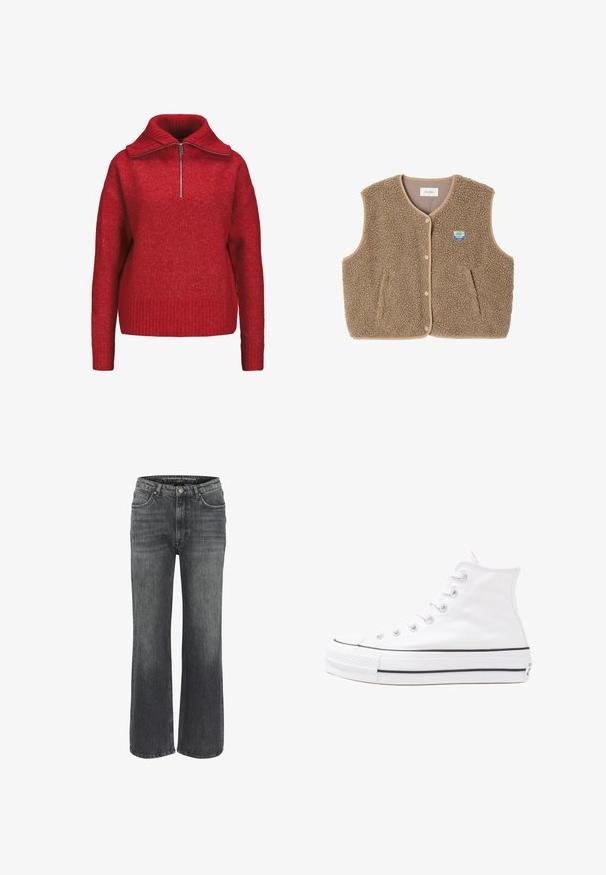 Hnedý fleecový vest s mäkkou štruktúrou, okrúhlym výstrihom, predným zapínaním na cvoky a bočnými vreckami; obsahuje malé logom.; Červený sveter na zips s vysokým, rebrovaným golierom. Mäkkučký materiál, voľný strih a rebrované manžety a lem. Vyrobený z teplého materiálu.; Džínsy s širokými nohavicami v tmavošedej denimovej farbe, so klasikou päťvreckového dizajnu, šitými detailmi a gombíkovým zapínaním v páse.; Biele vysoké plátené tenisky s čiernou gumovou podošvou, prednou gumovou špičkou a šiestimi okami na šnúrky, s čistým, minimalistickým dizajnom.