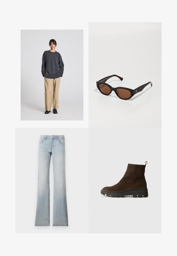 Hnedý fleecový vest s mäkkou štruktúrou, okrúhlym výstrihom, predným zapínaním na cvoky a bočnými vreckami; obsahuje malé logom.; Sivý sveter s voľným strihom a rebrovaným lemom, doplnený béžovými nohavicami s manžetami a čiernymi topánkami. Hladká textúra, minimalistický dizajn.; Svetlomodré riflové nohavice s rozšírením, so vzorom vyblednutia, piatimi vreckami a zapínaním na gombík. Tkanina má hladkú textúru a jemný elastický efekt.; Hnedé semišové členkové topánky s hrubou čiernou gumovou podrážkou, s mierne zvýšeným opätkom a s pútkom na zadnej strane pre jednoduché obliekanie.; Čierne korytnačkovité slnečné okuliare s hnedými sklami, s ostrým dizajnom a širokými ramenami, obsahujúcimi jemný detail loga. Hladký plastový povrch.