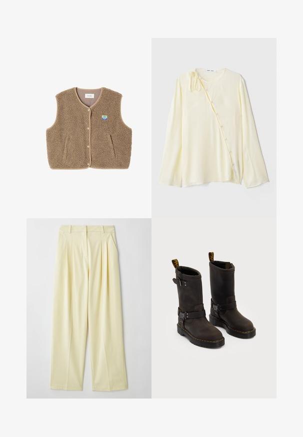 Brauner Fleece-Weste mit weicher Textur, runder Ausschnitt, vorderer Druckverschluss und Seitentaschen; verfügt über ein kleines Logo-Patch.; Langärmlige gelbe Bluse aus einem seidigen Stoff, mit Rundhalsausschnitt, seitlichem Knopfverschluss mit dekorativen Knöpfen und einem gebundenen Akzent an der Schulter.; Helle gelbe plissierte Hose mit geradem Schnitt, aus weichem Stoff gefertigt, mit elastischem Bund und ohne sichtbare Verschlüsse.; Dunkelbraune Lederstiefel mit einem Design bis zur Mitte der Wade, gelben Nähten, verstellbaren Schnallenriemen und Zuglaschen oben. Strukturierte Oberfläche.