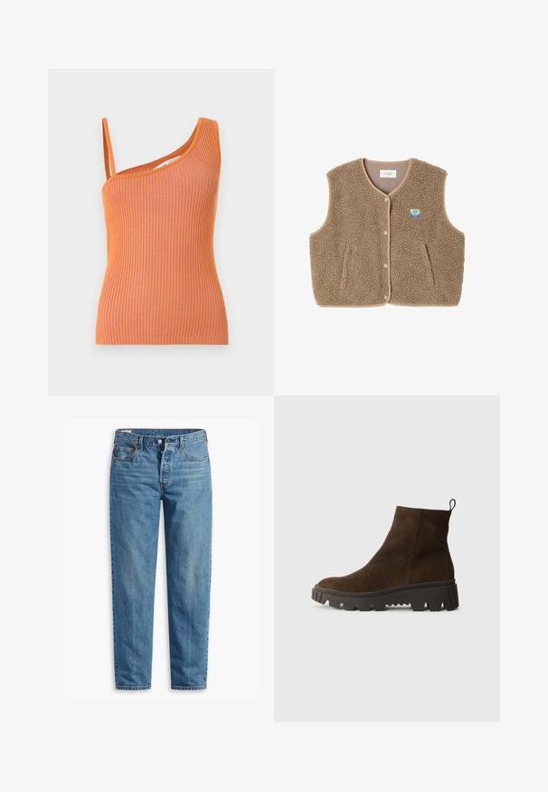 Ruskea fleece-liivi, jossa on pehmeä rakenne, pyöreä kaula-aukko, edessä nappisuljenta ja sivutaskut; sisältää pienen logopatchin.; Oranssi ribbattu hihaton paita, jossa on yksi olkaimen olka, ja se on muotoiltu tiukasti ja teksturoitua kangasta.; Siniset farkut suoralla lahkeella, joissa on vetoketjukiinnitys, kaksi etutaskua ja hienovarainen haalistuminen kankaassa.; Ruskoharmaa nahkasaapas nilkkoihin, jossa on paksu musta kumipohja, hieno korko ja vetotappi takana helppoa pukemista varten.