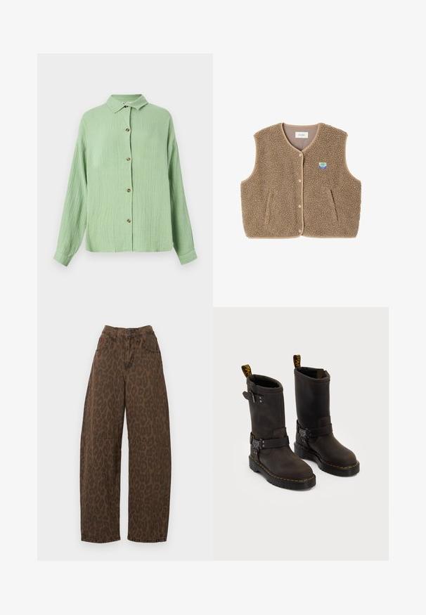 Brun fleece vest med en blød tekstur, rund halsudskæring, frontsnaplukning og sidelommer; har et lille logo patch.; Lys grøn, kravebutton-up skjorte med tekstureret stof, lange ærmer og brune knapper foran. Afslappet pasform og blød afslutning.; Lys grå langærmet skjorte lavet af blødt stof, med rund halsudskæring og en afslappet pasform. Syninger langs siderne.; Brune leopardmønstret vidde ben jeans med høj talje, knaplukning og to forlommer. Fremstillet af denimstof med en glat overflade.; Mørkebrune læderstøvler med en midt-lægre design, gule syninger, justerbare spænder og trækflapper på toppen. Struktureret finish.