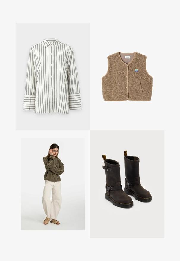 Gilet in felpa marrone con una texture morbida, scollo rotondo, chiusura frontale con bottoni a pressione e tasche laterali; presenta un piccolo logo ricamato.; Camicia bianca con bottoni e righe verticali nere, con colletto, maniche lunghe e polsino piegato con dettaglio a strisce a contrasto.; Free People GOOD LUCK MID RISE BARREL - Jeans baggy - beige; Stivali in pelle marrone scuro con design a metà polpaccio, cuciture gialle, cinturini con fibbia regolabile e maniglie nella parte superiore. Finitura texture.