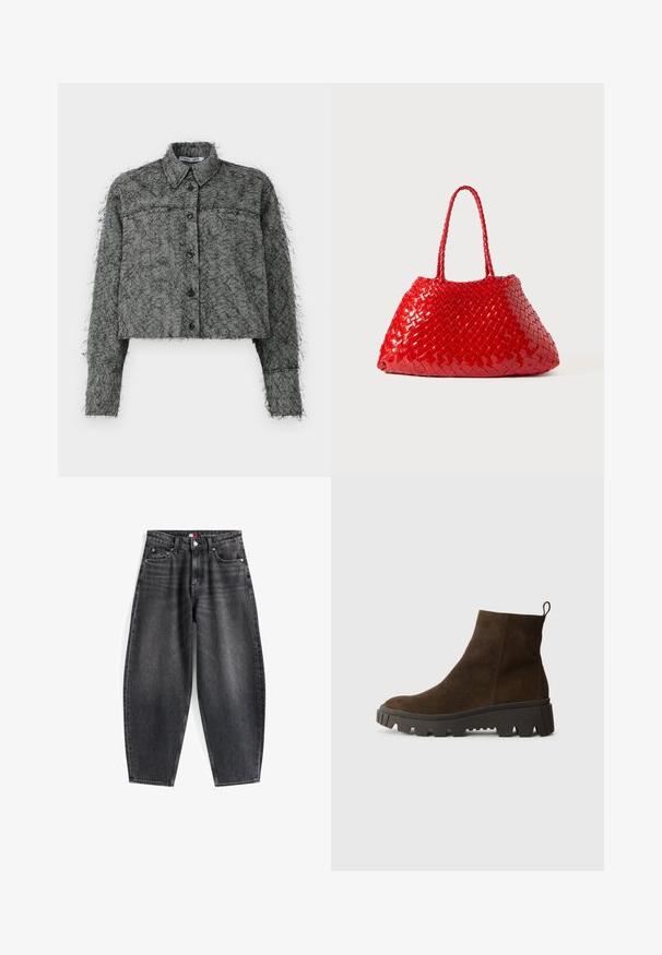 Gilet in felpa marrone con una texture morbida, scollo rotondo, chiusura frontale con bottoni a pressione e tasche laterali; presenta un piccolo logo ricamato.; Giacca cropped a zigzag nera e grigia con chiusura a bottoni, maniche lunghe e collo classico con una finitura testurizzata e pelosa.; Jeans in denim nero a vita alta con una vestibilità rilassata, dotati di cinque tasche, passanti per la cintura e un'etichetta del marchio sulla cintura.; Stivaletto in camoscio marrone con suola in gomma nera chunky, caratterizzato da un leggero tacco e una linguetta sul retro per una facile calzata.; Borsa intrecciata rossa con finitura lucida, dotata di manici intrecciati. Forma triangolare distintiva e superficie testurizzata con un motivo fitto.