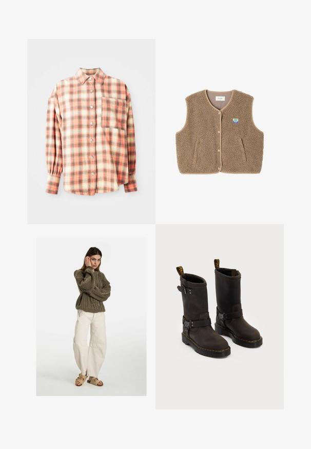 Brūns flīsa žakets ar mīkstu tekstūru, noapaļotu kakla izgriezumu, priekšējo spiedpogu aizdari un sānu kabatām; tam ir maza logo uzšuve.; Rūtainā krekls sarkanā, zaļā un krēmkrāsā; pogājams dizains, garas piedurknes ar savilktiem aprocēm, viena krūšu kabata, maiga auduma tekstūra.; Free People GOOD LUCK MID RISE BARREL - Brīva piegriezuma džinsi - beige; Tumši brūni ādas zābaki ar vidukļa dizainu, dzelteni izšuvumi, regulējamas sprādzes un cilpas augšpusē. Strukturēta apdare.