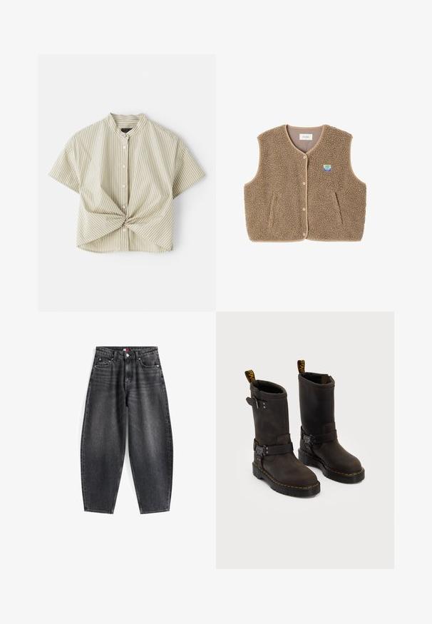 Chaleco de forro polar marrón con una textura suave, escote redondeado, cierre frontal de botones a presión y bolsillos laterales; presenta un pequeño parche con el logo.; Blusa de manga corta y cuello en verde claro con rayas verticales blancas; presenta un detalle frontal retorcido y cierre de botones. Textura de tejido suave.; Camisa de manga larga gris claro, hecha de una tela suave, con un escote redondo y un corte relajado. Detalles de costura a lo largo de los lados.; Vaqueros de mezclilla negros de tiro alto con un corte relajado, que cuentan con cinco bolsillos, presillas para cinturón y una etiqueta de marca en la cinturilla.; Botas de cuero marrón oscuro con un diseño a media pantorrilla, costuras amarillas, correas de hebilla ajustables y lengüetas de tirón en la parte superior. Acabado texturizado.