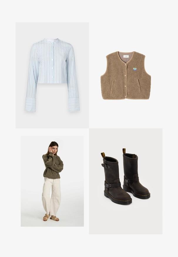 Gilet in felpa marrone con una texture morbida, scollo rotondo, chiusura frontale con bottoni a pressione e tasche laterali; presenta un piccolo logo ricamato.; Camicia a maniche lunghe cropped di colore azzurro con righe verticali. Presenta un colletto rotondo e bottoni bianchi lungo la parte anteriore. Polsini a righe.; Free People GOOD LUCK MID RISE BARREL - Jeans baggy - beige; Stivali in pelle marrone scuro con design a metà polpaccio, cuciture gialle, cinturini con fibbia regolabile e maniglie nella parte superiore. Finitura texture.