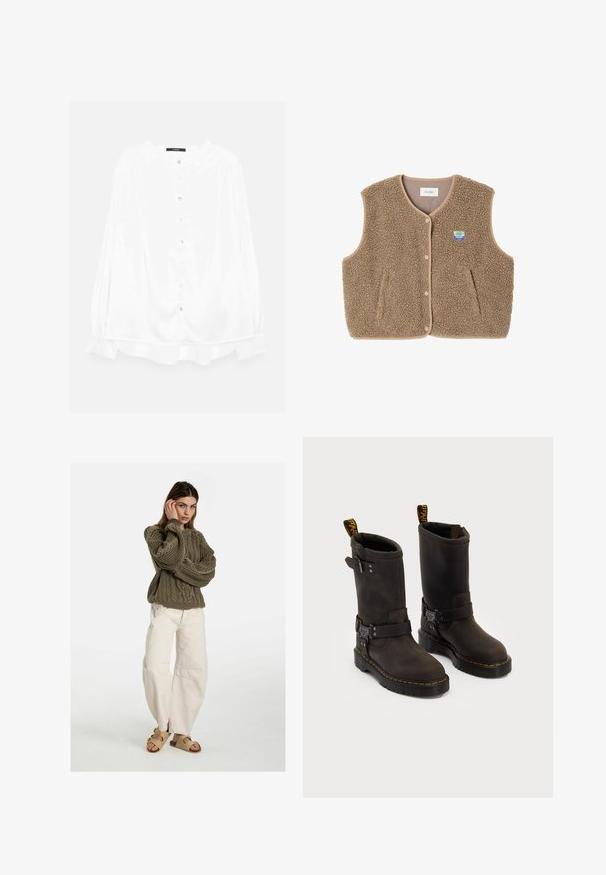 Gilet in felpa marrone con una texture morbida, scollo rotondo, chiusura frontale con bottoni a pressione e tasche laterali; presenta un piccolo logo ricamato.; Camicia bianca con bottoni, caratterizzata da maniche lunghe, scollatura rotonda, tessuto morbido e orlo arricciato con bottoni trasparenti e arrotondati lungo la parte anteriore.; Free People GOOD LUCK MID RISE BARREL - Jeans baggy - beige; Stivali in pelle marrone scuro con design a metà polpaccio, cuciture gialle, cinturini con fibbia regolabile e maniglie nella parte superiore. Finitura texture.