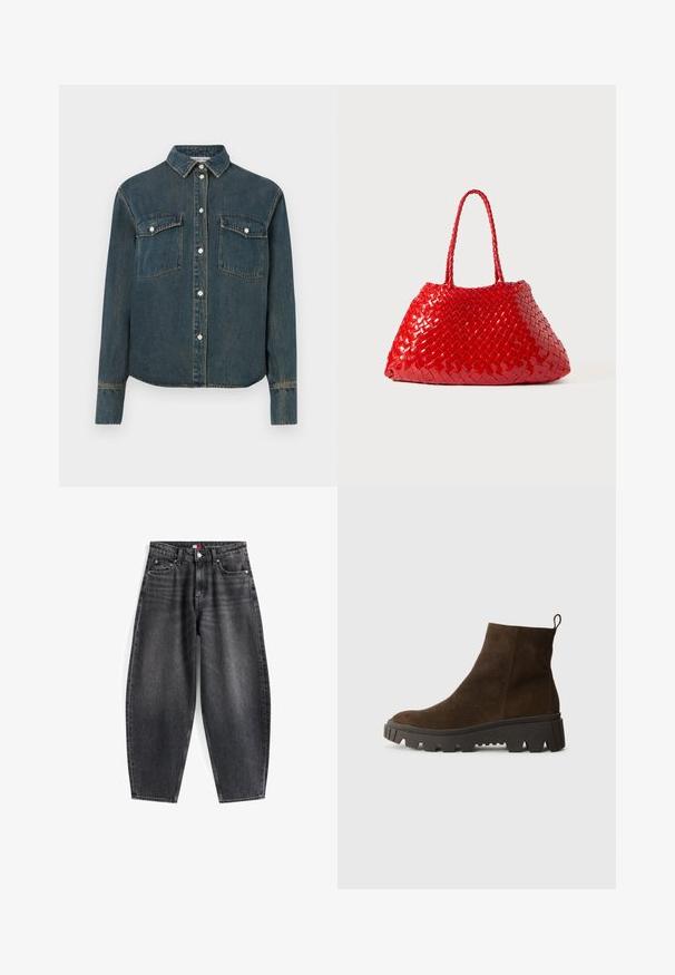 Brun fleece vest med en blød tekstur, rund halsudskæring, frontsnaplukning og sidelommer; har et lille logo patch.; Denimskjorte med krave, lange ærmer, to brystlommer og knaplukning foran. Mørkeblå farve med en falmet tekstur.; Højtaljede sorte denimjeans med en afslappet pasform, der har fem lommer, bæltestropper og et mærket bælte.; Brun ruskindsankelstøvle med en kraftig sort gummisål, der har en let hæl og en slip-in hækling for nem påklædning.; Rød vævet håndtaske med blank finish, der har flettede håndtag. Distinktiv trekantet form og tekstureret overflade med et stramt mønster.