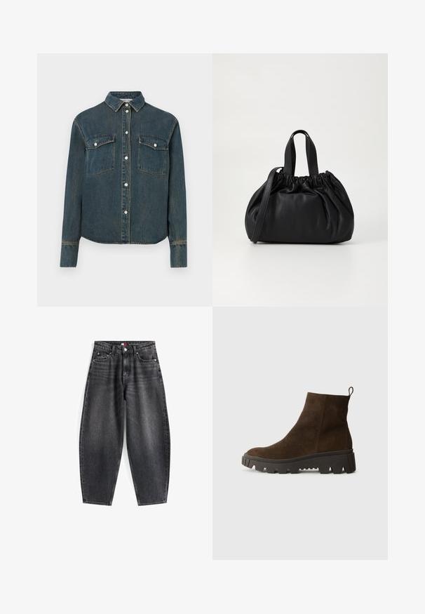 Brun fleece vest med en blød tekstur, rund halsudskæring, frontsnaplukning og sidelommer; har et lille logo patch.; Denimskjorte med krave, lange ærmer, to brystlommer og knaplukning foran. Mørkeblå farve med en falmet tekstur.; Højtaljede sorte denimjeans med en afslappet pasform, der har fem lommer, bæltestropper og et mærket bælte.; Brun ruskindsankelstøvle med en kraftig sort gummisål, der har en let hæl og en slip-in hækling for nem påklædning.; Sort læderhåndtaske med en samlet topdesign, der har to korte håndtag og en lang justerbar rem. Glat overflade, rund form.