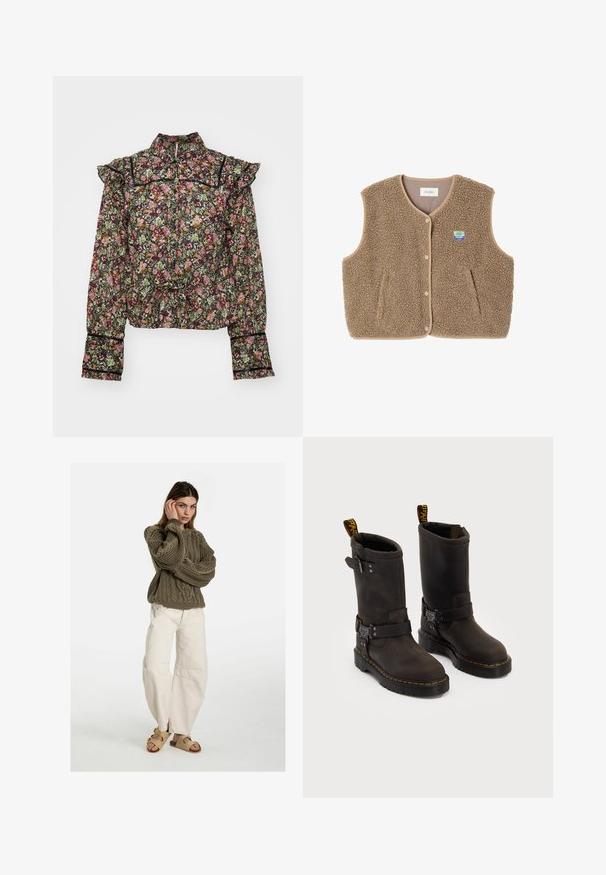 Brown fleece vest with a soft texture, rounded neckline, front snap closure, and side pockets; features a small logo patch.; Floral blouse with a black background, featuring pink and green patterns. Ruffled shoulders, long sleeves, and a gathered waist detail.; Free People GOOD LUCK MID RISE BARREL - Relaxed fit jeans - beige; Dark brown leather boots with a mid-calf design, yellow stitching, adjustable buckle straps, and pull tabs on the top. Textured finish.
