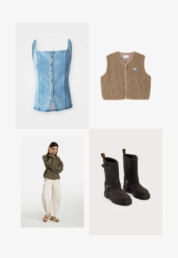 Pruun fliistekampsun pehmea tekstuuriga, ümar kaelus, eesnööbiga sulgemine ja küljetaskud; sisaldab väikest logo silti.; Denim püsiv, millel on ruudukujuline kaelus, sinine pesu, esine nööbiklapp dekoratiivsete kuldsete nuppudega, külgmised lõhed ja veidi kitsenev istuvus.; Free People GOOD LUCK MID RISE BARREL - Avar lõikega teksad - beige; Tumedate pruunid nahast saapad keskmise kannaga, kollased õmblused, reguleeritavad klambrid ja tõmblukud ülaosas. Marmoreeritud viimistlus.