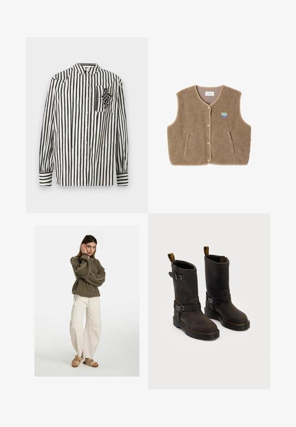 Brauner Fleece-Weste mit weicher Textur, runder Ausschnitt, vorderer Druckverschluss und Seitentaschen; verfügt über ein kleines Logo-Patch.; Schwarz-weiß gestreifte Hemd mit Button-Down-Kragen, langen Ärmeln und einer linken Brusttasche mit einem Traubendesign. Aus Baumwollmaterial.; Free People GOOD LUCK MID RISE BARREL - Jeans Relaxed Fit - beige; Dunkelbraune Lederstiefel mit einem Design bis zur Mitte der Wade, gelben Nähten, verstellbaren Schnallenriemen und Zuglaschen oben. Strukturierte Oberfläche.