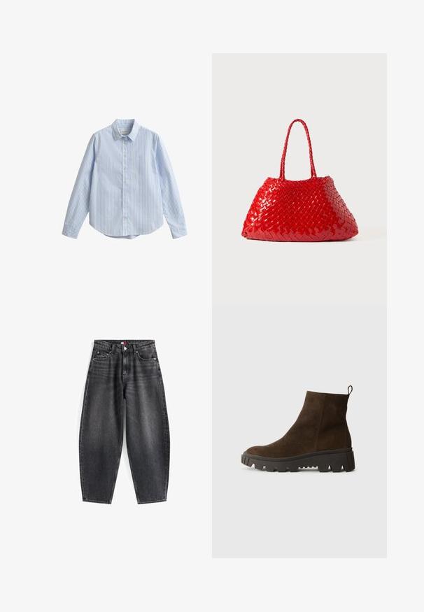 Bruine fleece vest met een zachte textuur, ronde halslijn, sluiting met drukknoop aan de voorkant en zijzakken; heeft een kleine logo patch.; Lichtblauw overhemd met lange mouwen en witte verticale strepen, knoopsluiting aan de voorkant, wijde kraag en een klein geborduurd logo op de borst.; Hoge taille zwarte denim jeans met een relaxed fit, voorzien van vijf zakken, riemlussen en een merklabel op de tailleband.; Bruine suède enkellaars met een stevige zwarte rubberen zool, voorzien van een lichte hak en een trekband aan de achterkant voor eenvoudig aan- en uittrekken.; Rode geweven handtas met glanzende afwerking, voorzien van gevlochten handvatten. Kenmerkende driehoekige vorm en gestructureerd oppervlak met een strak patroon.