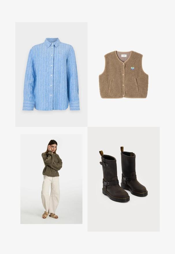 Gilet in felpa marrone con una texture morbida, scollo rotondo, chiusura frontale con bottoni a pressione e tasche laterali; presenta un piccolo logo ricamato.; Camicia di lino azzurro chiaro con strisce verticali bianche, maniche lunghe, chiusura con bottoni e colletto classico. Tessuto testurizzato con una vestibilità rilassata.; Free People GOOD LUCK MID RISE BARREL - Jeans baggy - beige; Stivali in pelle marrone scuro con design a metà polpaccio, cuciture gialle, cinturini con fibbia regolabile e maniglie nella parte superiore. Finitura texture.