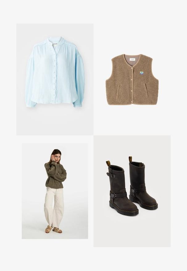 Hnědá fleecová vesta s jemnou texturou, kulatým výstřihem, předním zapínáním na patentky a bočními kapsami; má malou nášivku s logem.; Světle modrá košile na knoflíky, texturovaná látka, kulatý výstřih, dlouhé nabírané rukávy, volánkové detaily podél légů a manžet.; Free People GOOD LUCK MID RISE BARREL - Džíny Relaxed Fit - beige; Tmavě hnědé kožené boty se středně dlouhým designem, žlutým prošíváním, nastavovacími přezkami a poutky na vršku. Texturovaný povrch.