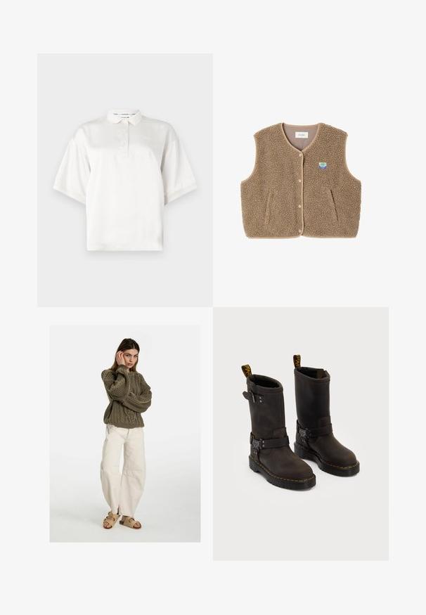 Brun fleece vest med en blød tekstur, rund halsudskæring, frontsnaplukning og sidelommer; har et lille logo patch.; Hvid kortærmet polo shirt lavet af glat stof, med en frontlåg med tre knapper og et broderet logo på venstre bryst.; Free People GOOD LUCK MID RISE BARREL - Jeans Relaxed Fit - beige; Mørkebrune læderstøvler med en midt-lægre design, gule syninger, justerbare spænder og trækflapper på toppen. Struktureret finish.