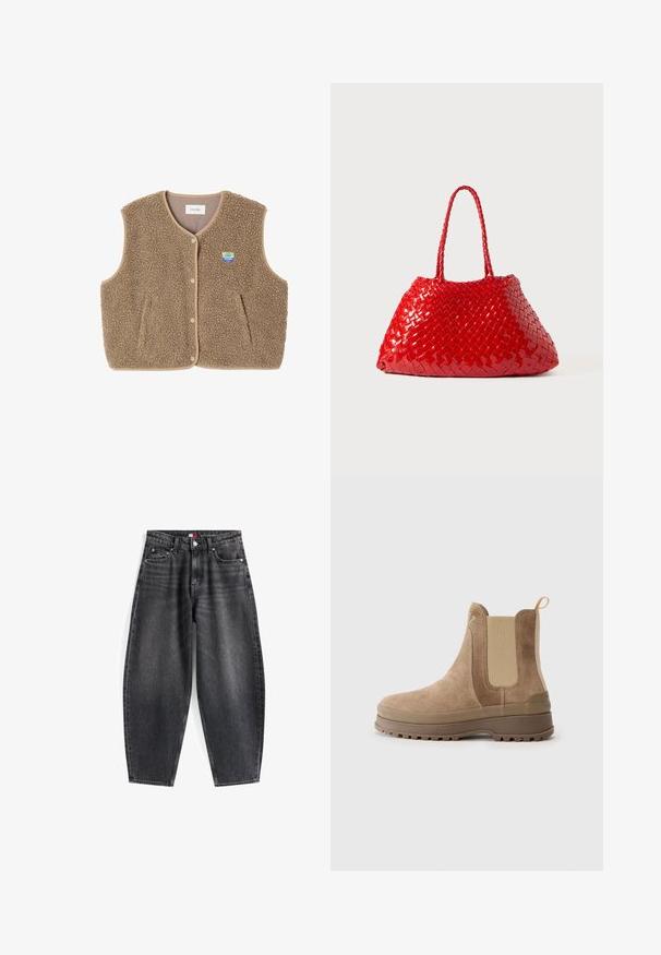 Gilet in felpa marrone con una texture morbida, scollo rotondo, chiusura frontale con bottoni a pressione e tasche laterali; presenta un piccolo logo ricamato.; Polo a maniche lunghe blu chiaro con righe orizzontali grigie e bianche e colletto.; Jeans in denim nero a vita alta con una vestibilità rilassata, dotati di cinque tasche, passanti per la cintura e un'etichetta del marchio sulla cintura.; Stivali Chelsea in suede marrone con pannelli elastici laterali, linguetta, suola in gomma e superficie testurizzata, dotati di punta tonda e design robusto.; Borsa intrecciata rossa con finitura lucida, dotata di manici intrecciati. Forma triangolare distintiva e superficie testurizzata con un motivo fitto.