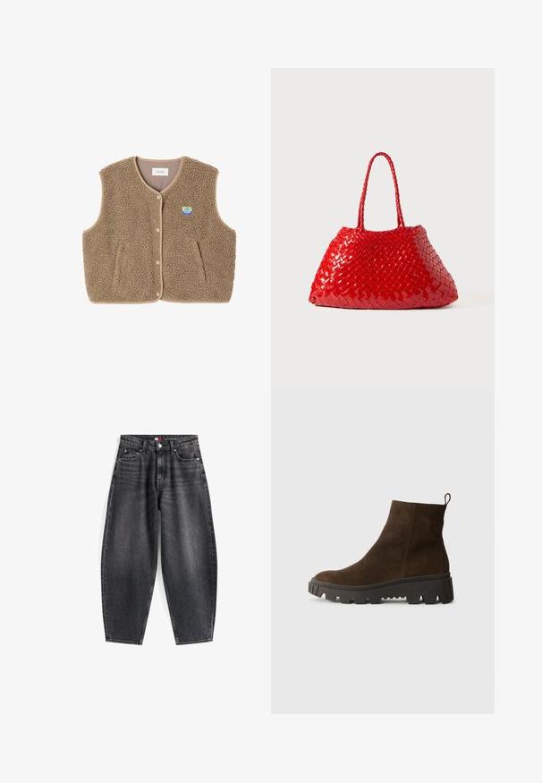 Brauner Fleece-Weste mit weicher Textur, runder Ausschnitt, vorderer Druckverschluss und Seitentaschen; verfügt über ein kleines Logo-Patch.; Hellblaues Langarm-Polohemd mit horizontalen grauen und weißen Streifen und einem Kragen.; Hochgeschnittene schwarze Denim-Jeans mit lockerer Passform, ausgestattet mit fünf Taschen, Gürtelschlaufen und einem Markenlabel am Bund.; Braune Wildleder-Ankle-Boots mit einer stabilen schwarzen Gummisohle, leichtem Absatz und einer Schlaufe auf der Rückseite für einfaches Anziehen.; Rote gewebte Handtasche mit glänzender Oberfläche, ausgestattet mit geflochtenen Griffen. Auffällige dreieckige Form und strukturierte Oberfläche mit dichtem Muster.